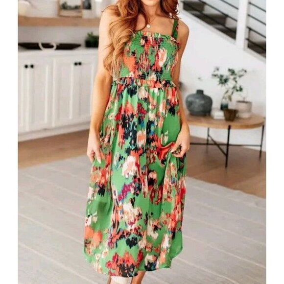 Joidfl Mini Dress Womens 2X Green Silky Dredd Abstract Print Pleated Sleeveless - Picture 1 of 15